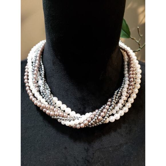 Women's Pearl Beaded Statement Necklace White/Brown Gunmetal Barrel Clasp - Picture 1 of 7